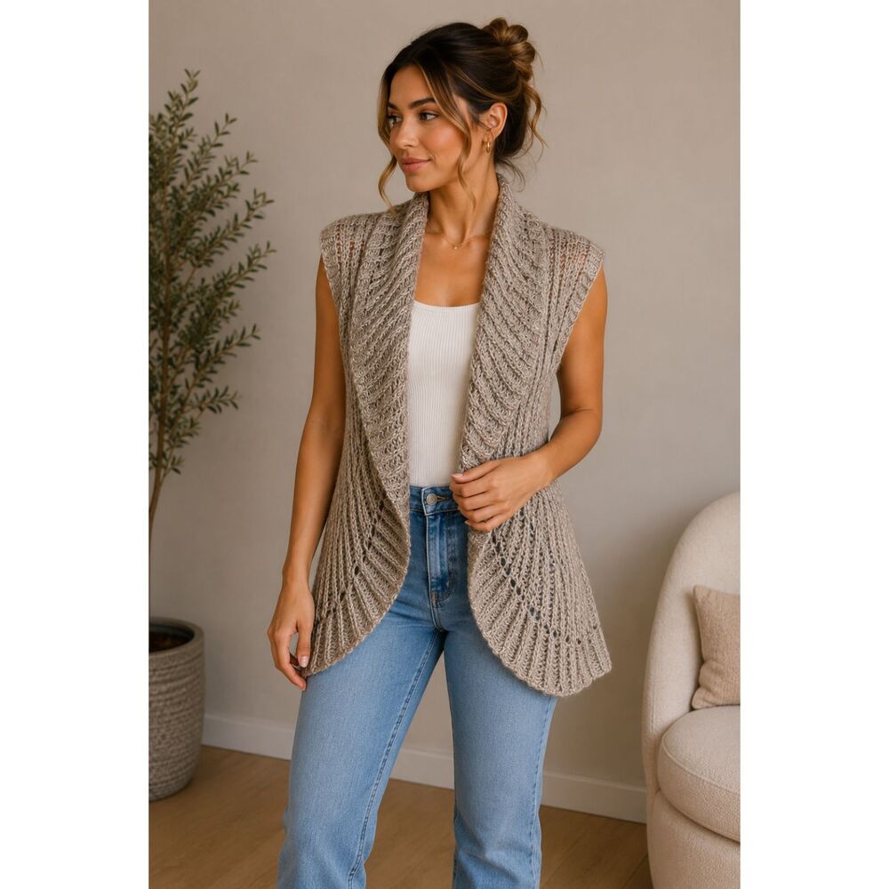 LOFT Alpaca Blend Open Knit Shawl Collar Sweater Vest Women M Oatmeal